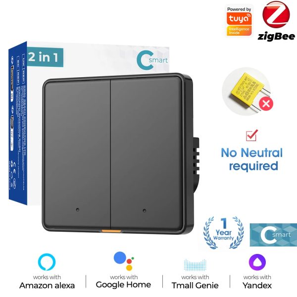 Zigbee No Neutral Switch 2gang black (mechanical) Csmart